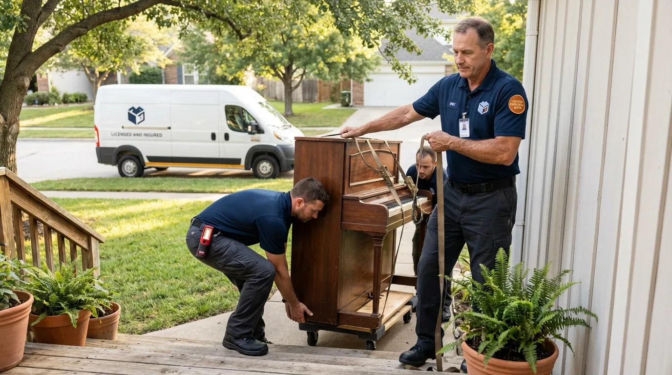 Licensed piano movers securing grand piano in Red Lion, PA