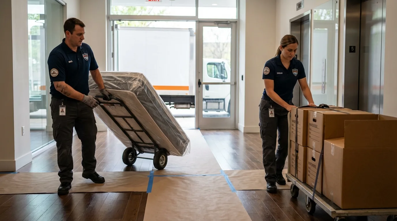 Professional apartment movers loading elevator in Red Lion, PA