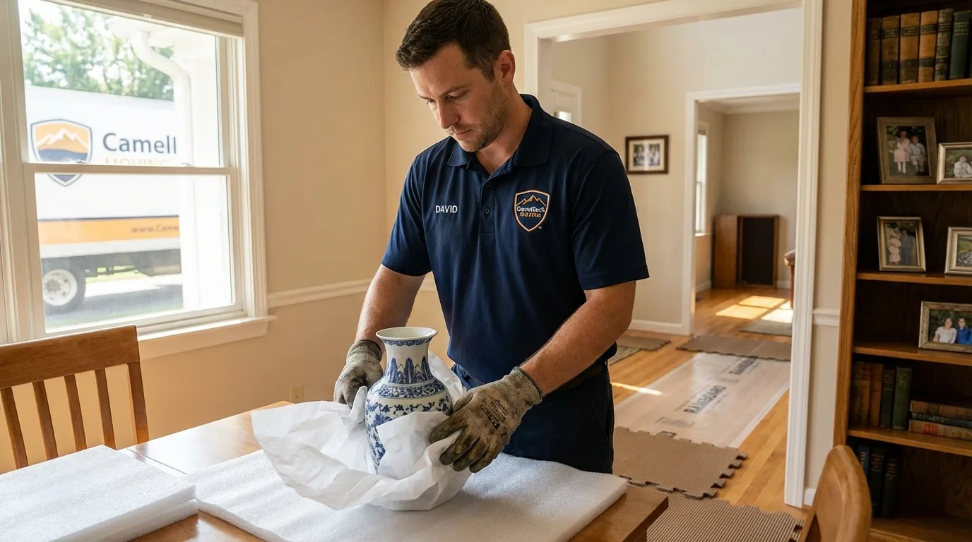 Professional crew carefully wrapping antique vase for senior downsizing move in Red Lion, PA